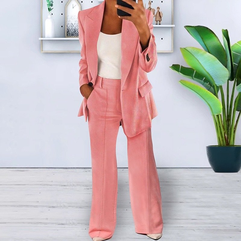 Women's Buckle Plain Daily Going Out Two-Piece Set Blue Casual Spring/Fall Coat With Pants Matching Set