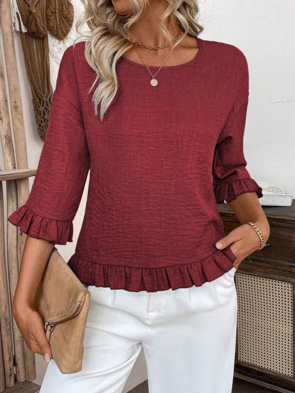 Crew Neck Simple Plain Bell Sleeve Loose Shirt
