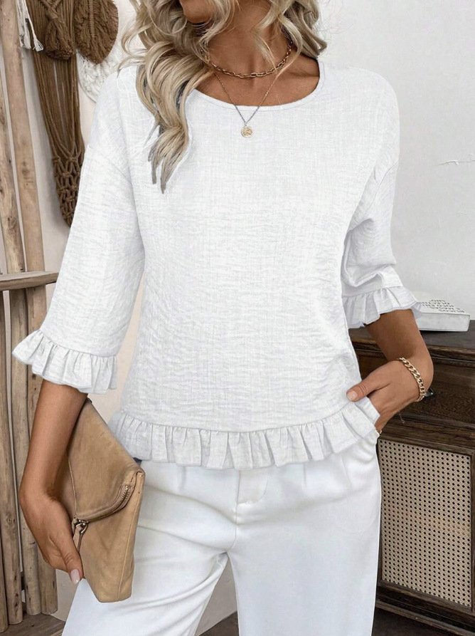 Crew Neck Simple Plain Bell Sleeve Loose Shirt