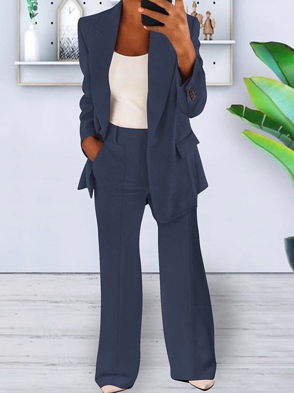 Women's Buckle Plain Daily Going Out Two-Piece Set Blue Casual Spring/Fall Coat With Pants Matching Set