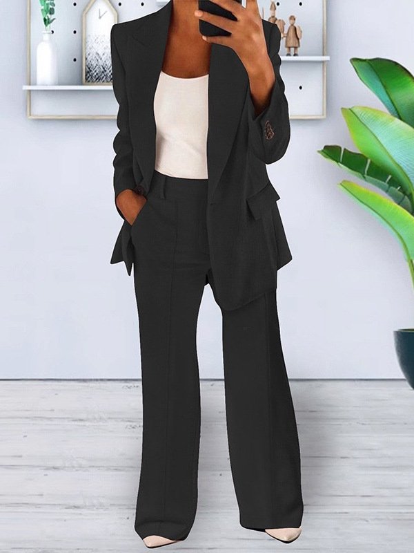 Women's Buckle Plain Daily Going Out Two-Piece Set Blue Casual Spring/Fall Coat With Pants Matching Set