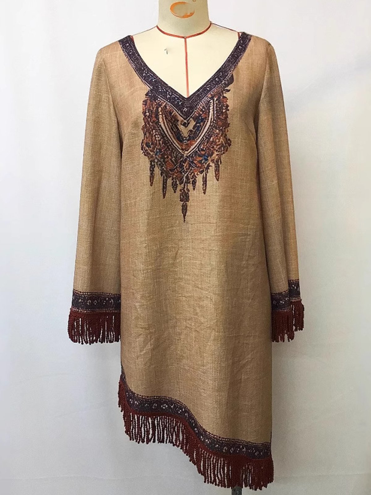 Vacation Ethnic Tassel V Neck Mini Dress