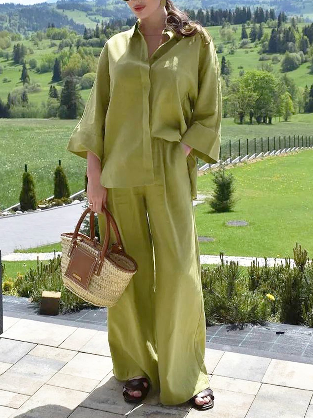 Casual Plain Shirt Collar Two-Piece Set