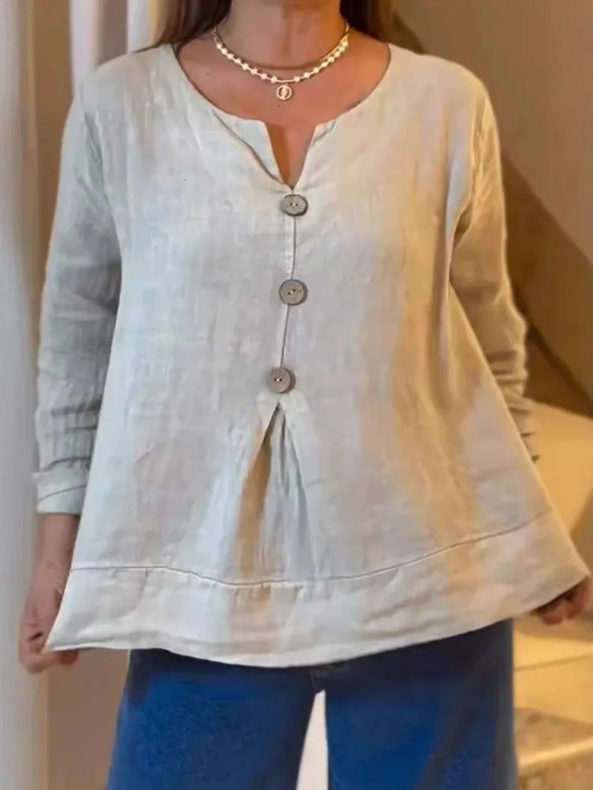 Casual Plain Buttoned V Neck Blouse