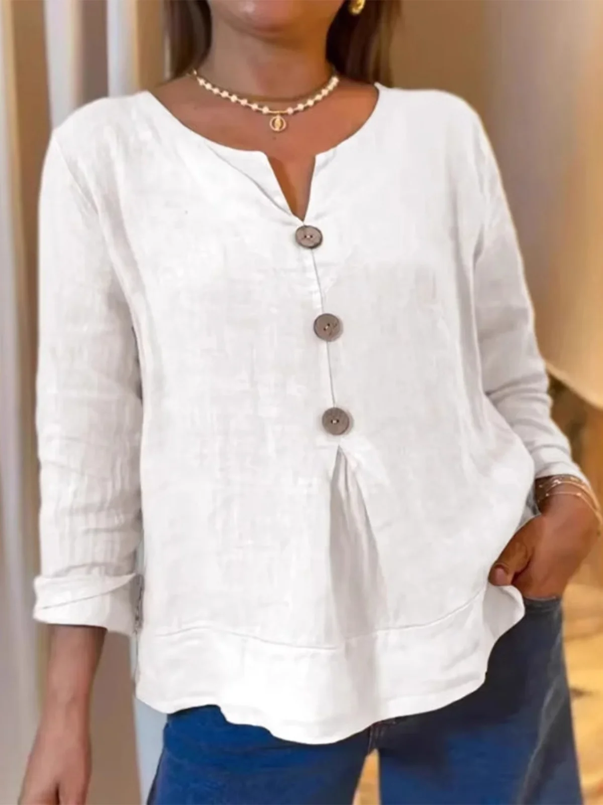 Casual Plain Buttoned V Neck Blouse