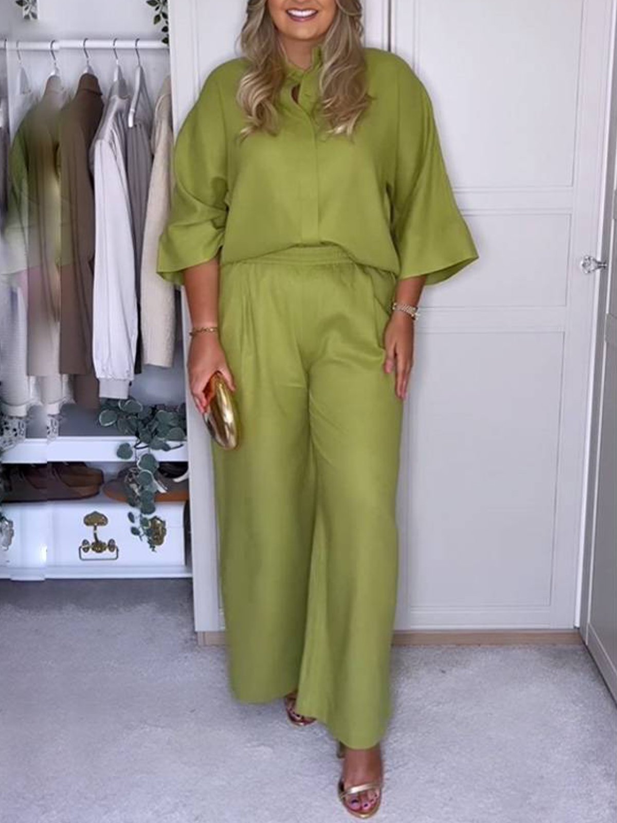 Casual Plain Shirt Collar Two-Piece Set