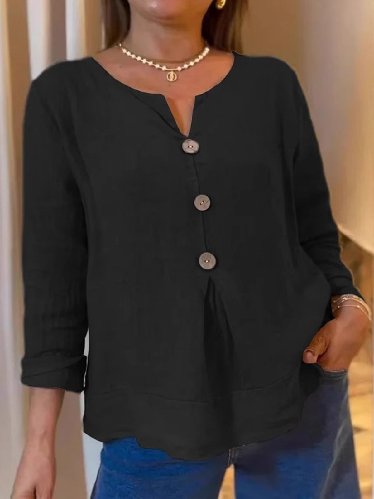Casual Plain Buttoned V Neck Blouse