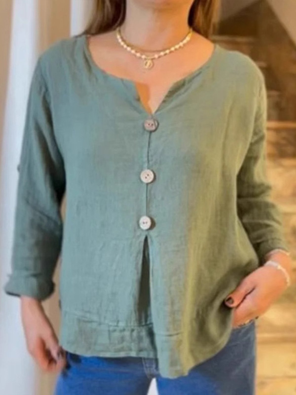 Casual Plain Buttoned V Neck Blouse