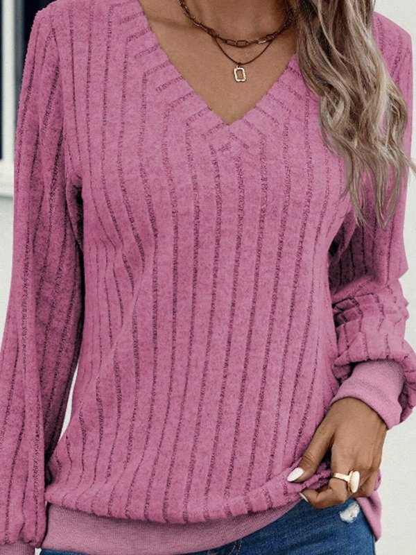 Women Plain V Neck Vintage Long Sleeve T-shirt