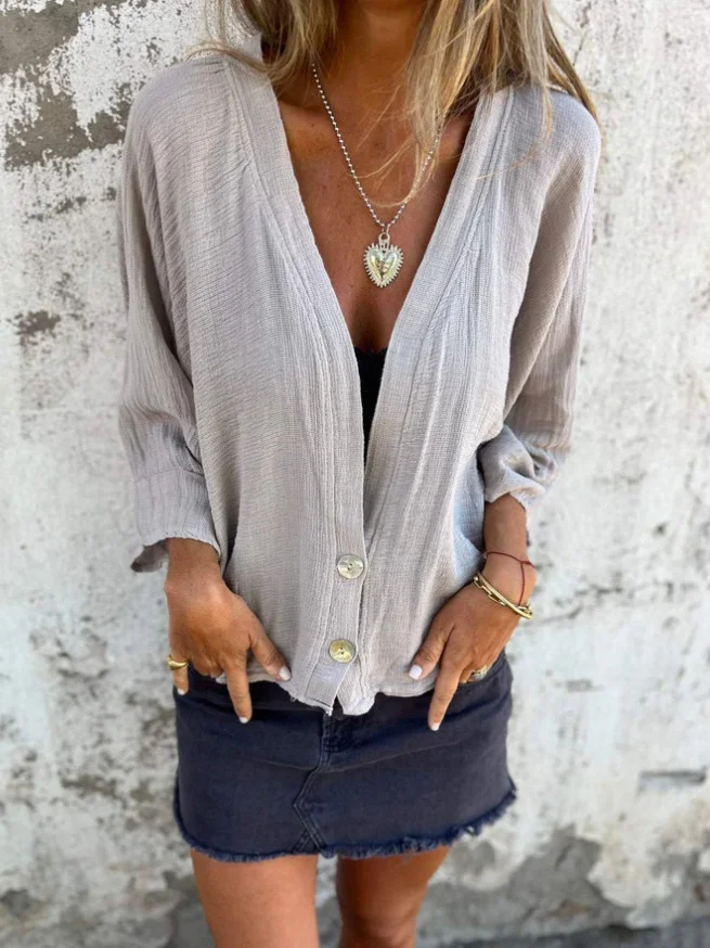 Spring And Autumn New Loose T-shirt Women's V-neck Casual Cotton Linen Cardigan