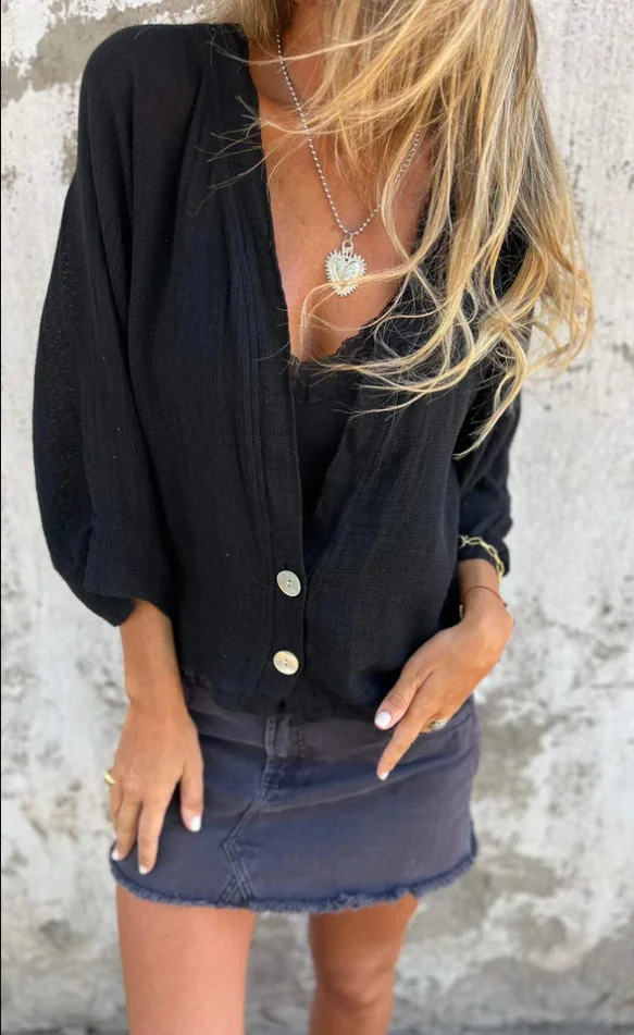 Spring And Autumn New Loose T-shirt Women's V-neck Casual Cotton Linen Cardigan