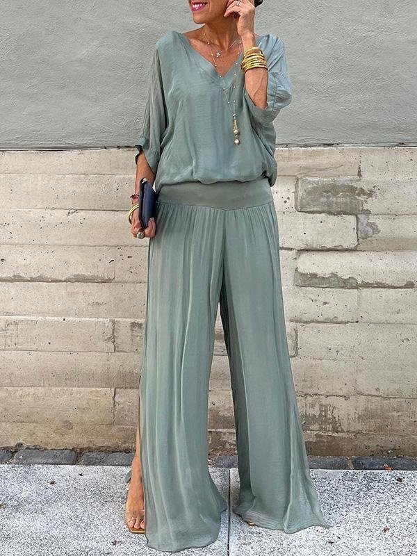 Women's Split Joint Plain Daily Going Out Two-Piece Set White Casual Summer Top With Pants Matching Set