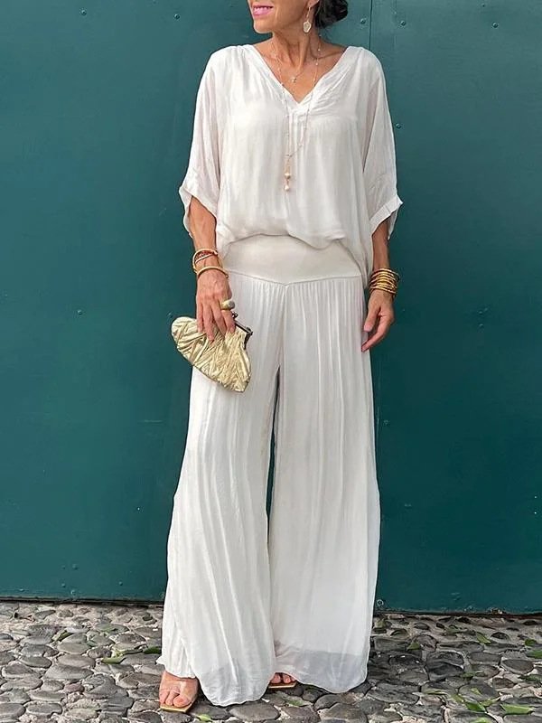 Women's Split Joint Plain Daily Going Out Two-Piece Set White Casual Summer Top With Pants Matching Set