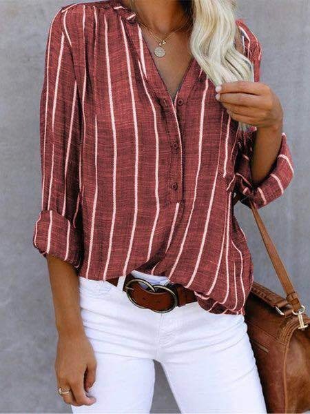 Women's Long Sleeve Shirt Spring/Fall Light Blue Striped Split Joint Cotton-Blend V Neck Daily Going Out Casual Top