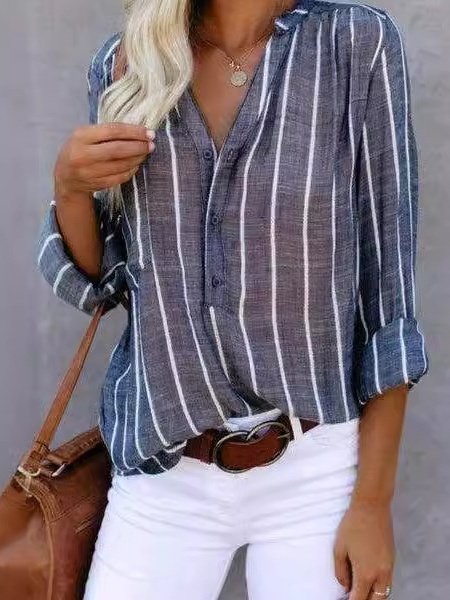 Women's Long Sleeve Shirt Spring/Fall Light Blue Striped Split Joint Cotton-Blend V Neck Daily Going Out Casual Top