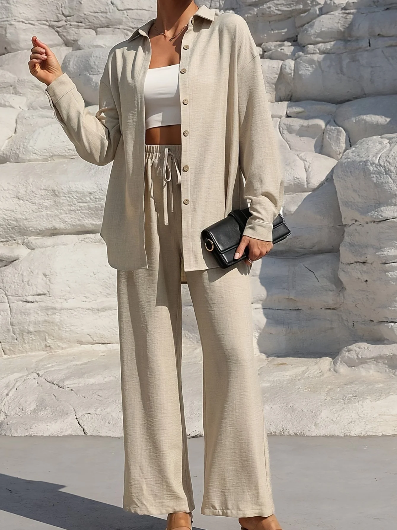 Women's Split Joint Plain Daily Going Out Two-Piece Set Apricot Casual Spring/Fall Top With Pants Matching Set