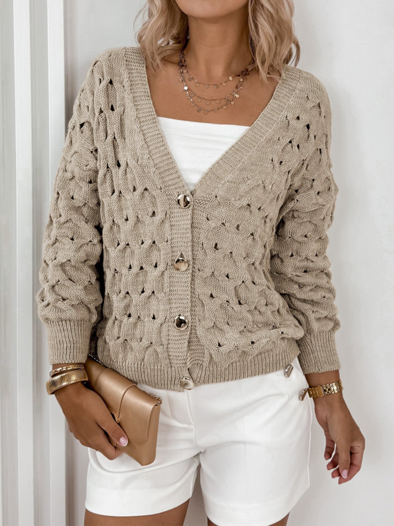 V Neck Casual Cotton Plain Sweater