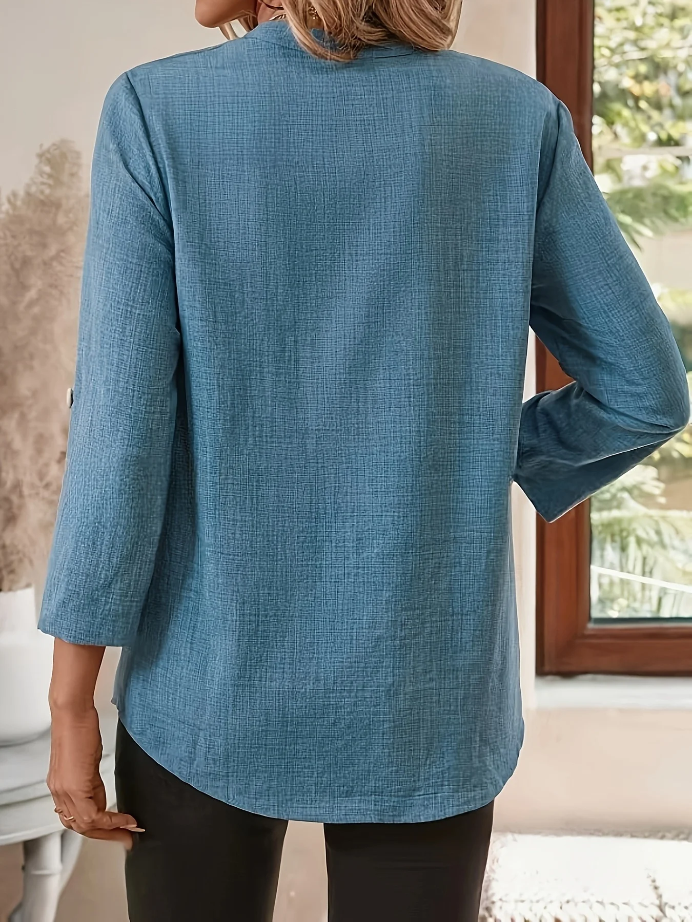 Women's Three Quarter Sleeve Shirt Spring/Fall Apricot Plain Split Joint V Neck Daily Going Out Casual Top