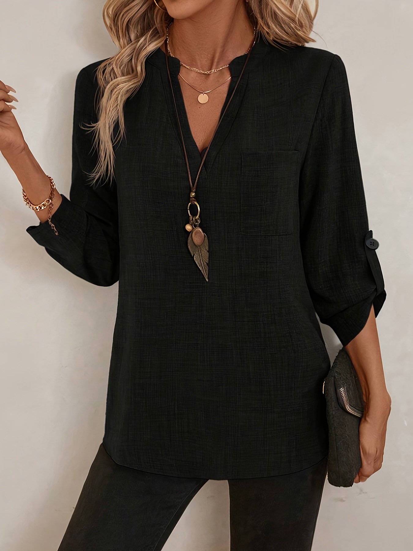 Women's Three Quarter Sleeve Shirt Spring/Fall Apricot Plain Split Joint V Neck Daily Going Out Casual Top