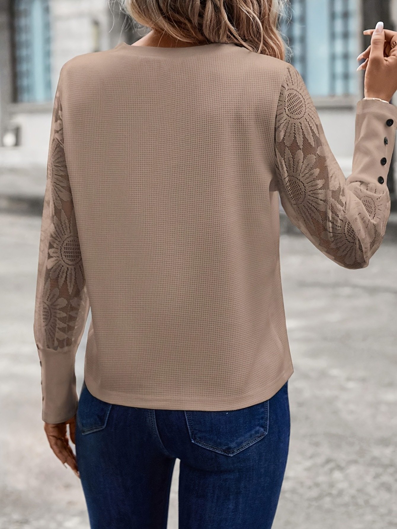 Solid color long sleeve embroidered lace patchwork waffle round neck top
