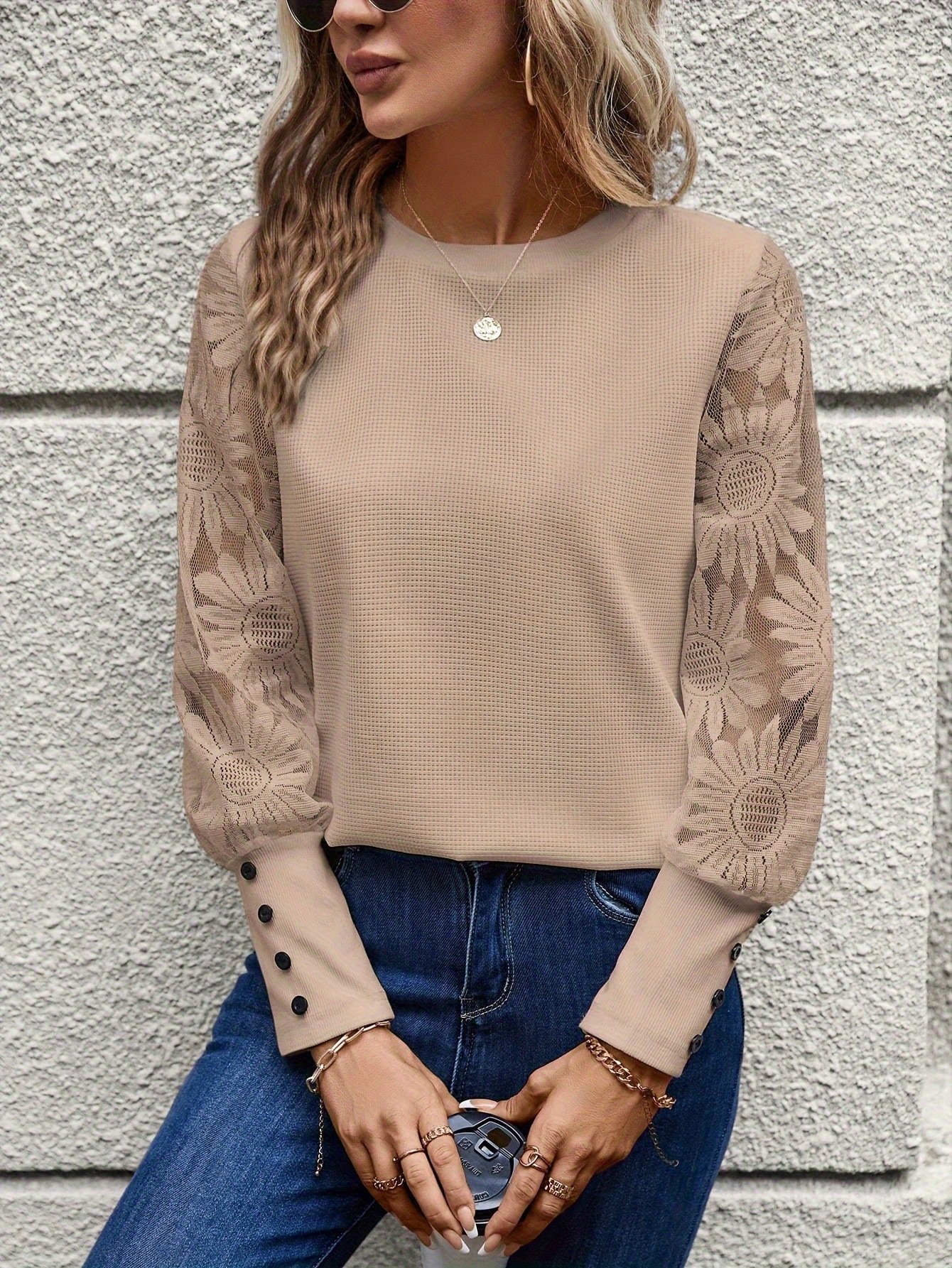 Solid color long sleeve embroidered lace patchwork waffle round neck top