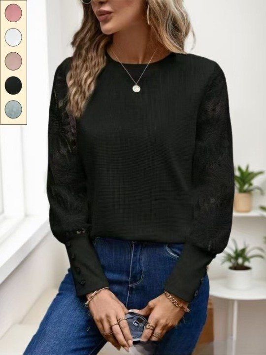 Solid color long sleeve embroidered lace patchwork waffle round neck top