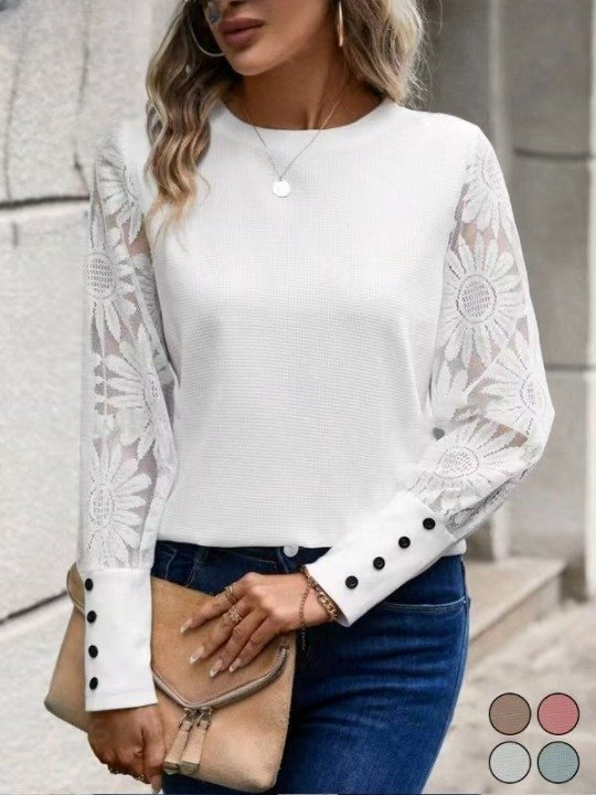 Solid color long sleeve embroidered lace patchwork waffle round neck top