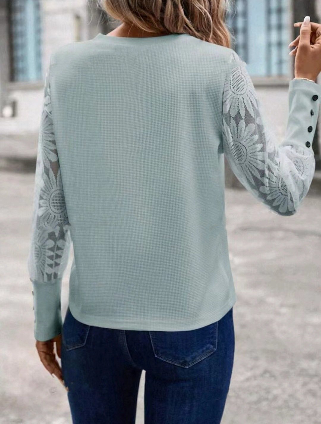 Solid color long sleeve embroidered lace patchwork waffle round neck top