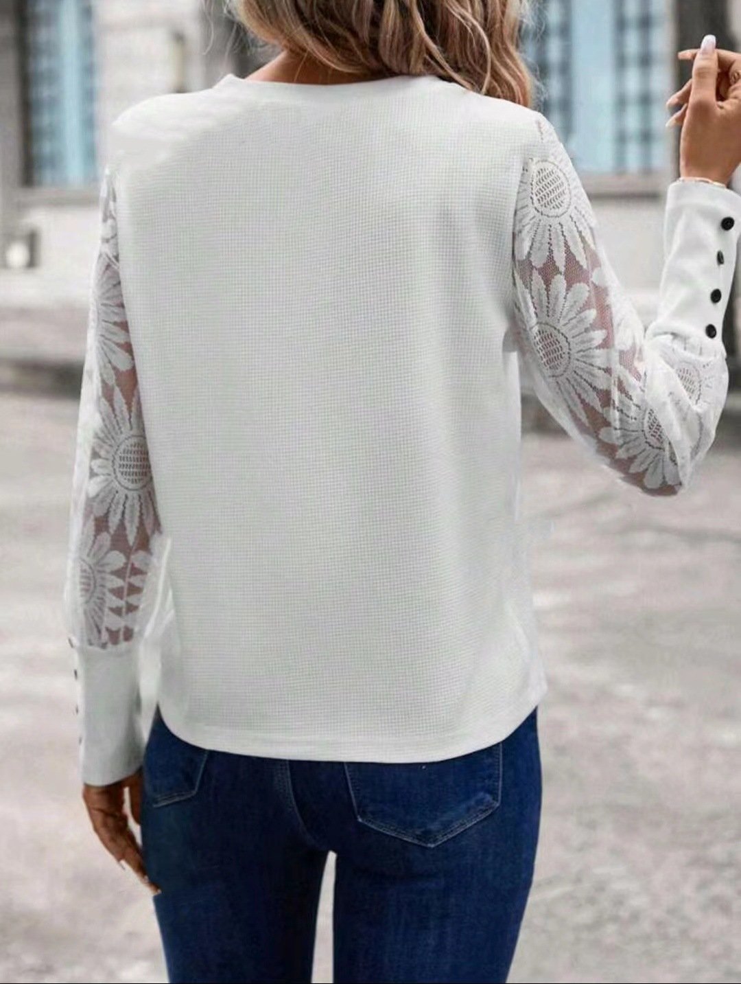Solid color long sleeve embroidered lace patchwork waffle round neck top