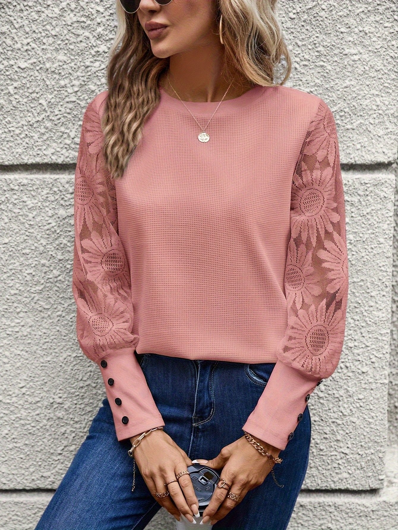 Solid color long sleeve embroidered lace patchwork waffle round neck top