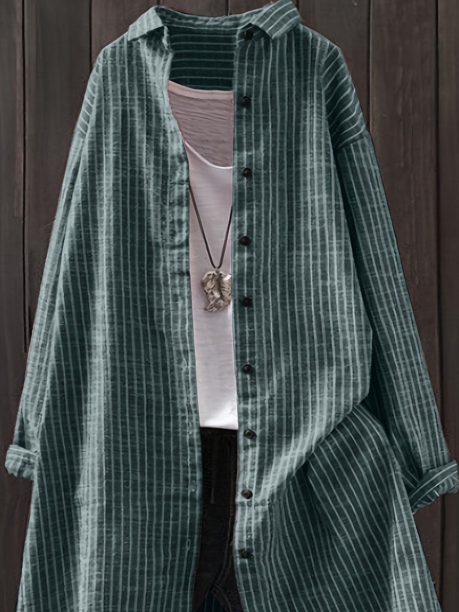 Women's Long Sleeve Shirt Spring/Fall Green Striped Split Joint Polyester Cotton Stand Collar Daily Going Out Casual Top