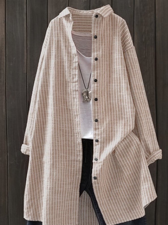 Women's Long Sleeve Shirt Spring/Fall Green Striped Split Joint Polyester Cotton Stand Collar Daily Going Out Casual Top
