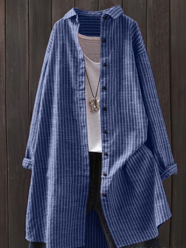 Women's Long Sleeve Shirt Spring/Fall Green Striped Split Joint Polyester Cotton Stand Collar Daily Going Out Casual Top