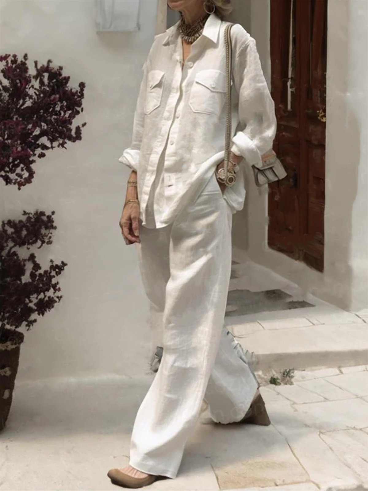 Casual Plain Shirt Collar Two-Piece Set