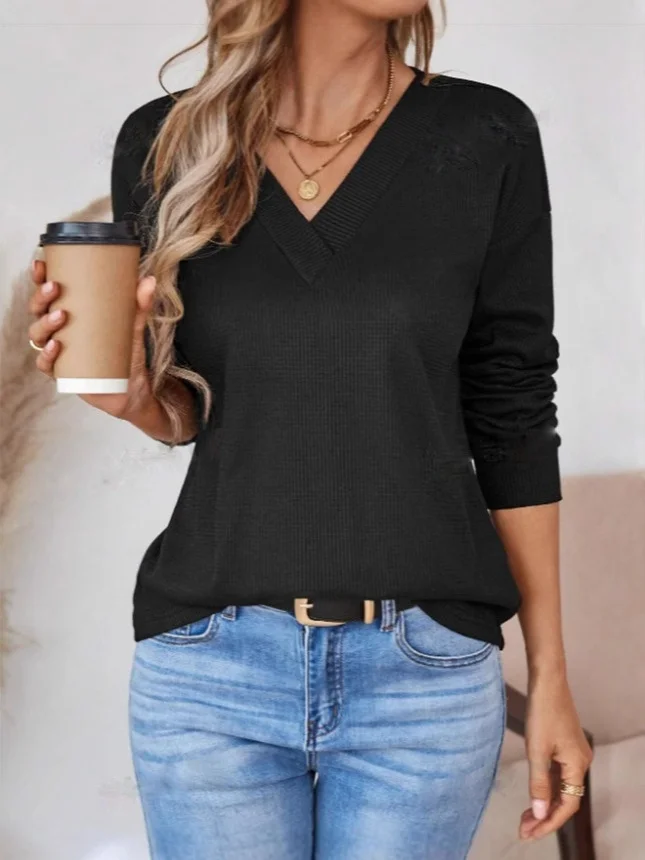 Women Plain V Neck Vintage Long Sleeve T-shirt