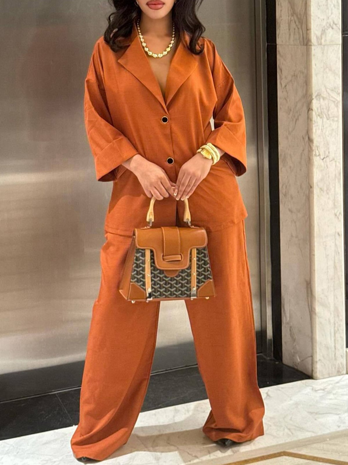 Urban Plain Lapel Collar Two-Piece Set