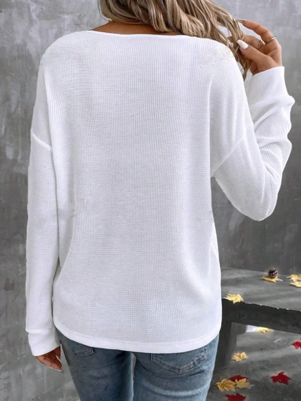 Women Plain V Neck Vintage Long Sleeve T-shirt