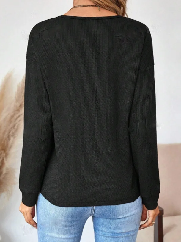 Women Plain V Neck Vintage Long Sleeve T-shirt