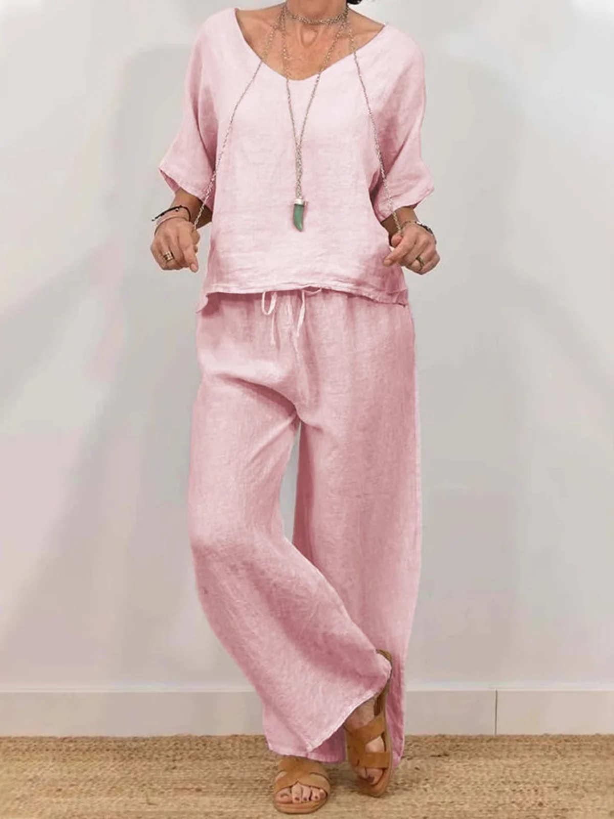 Casual Plain V Neck Two-Piece Set