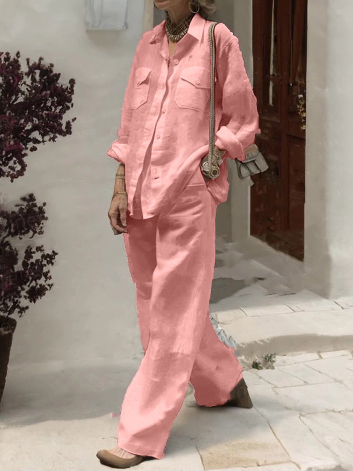Casual Plain Shirt Collar Two-Piece Set