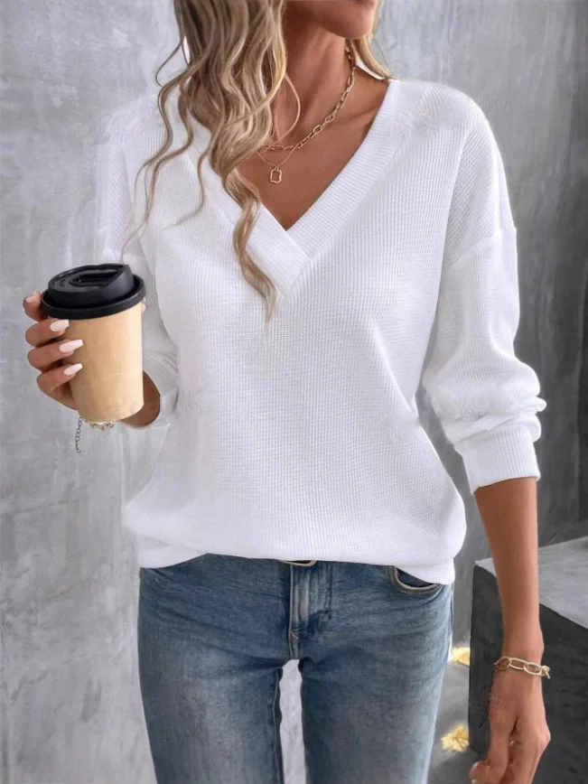 Women Plain V Neck Vintage Long Sleeve T-shirt
