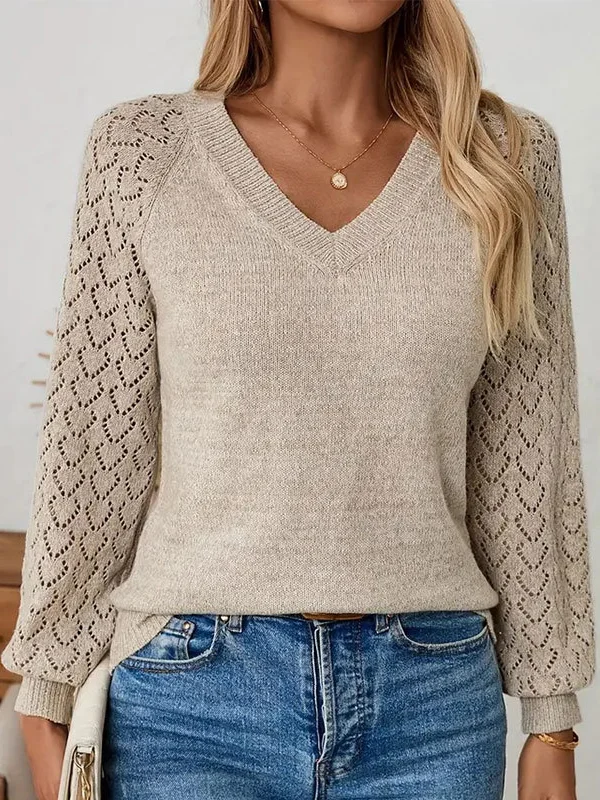Women Plain V Neck Casual Long Sleeve T-shirt