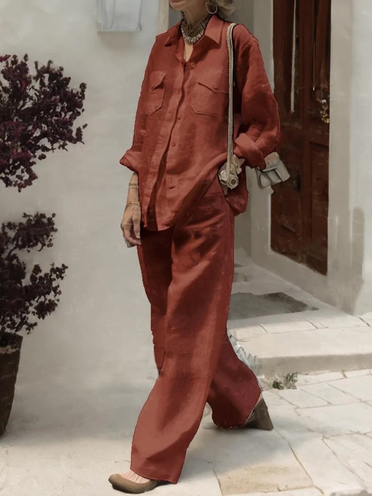 Casual Plain Shirt Collar Two-Piece Set