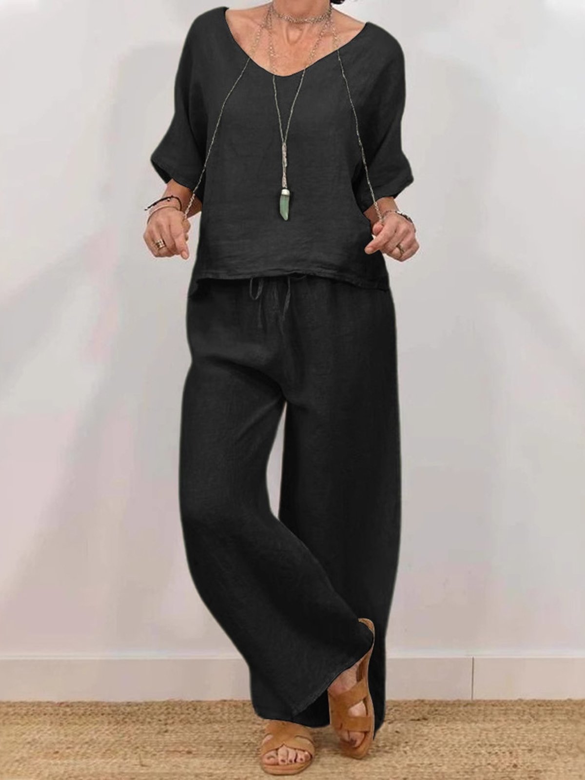 Casual Plain V Neck Two-Piece Set