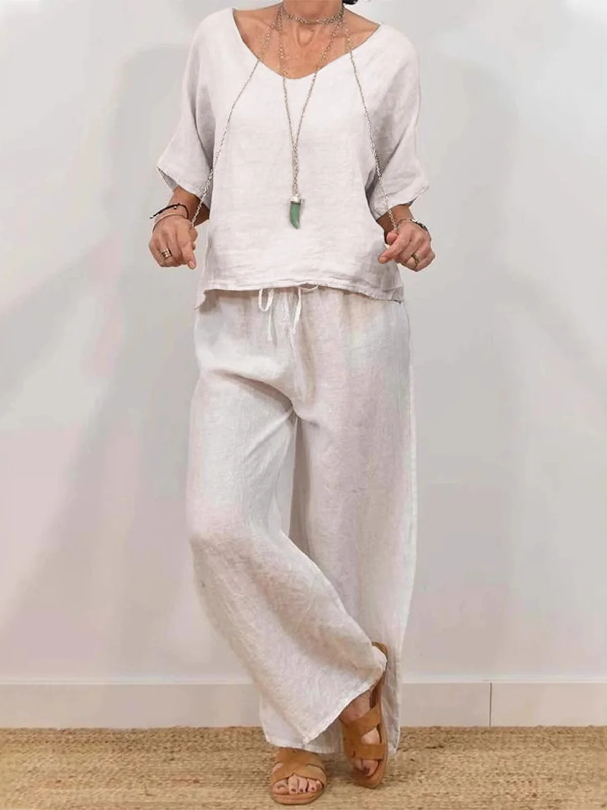 Casual Plain V Neck Two-Piece Set