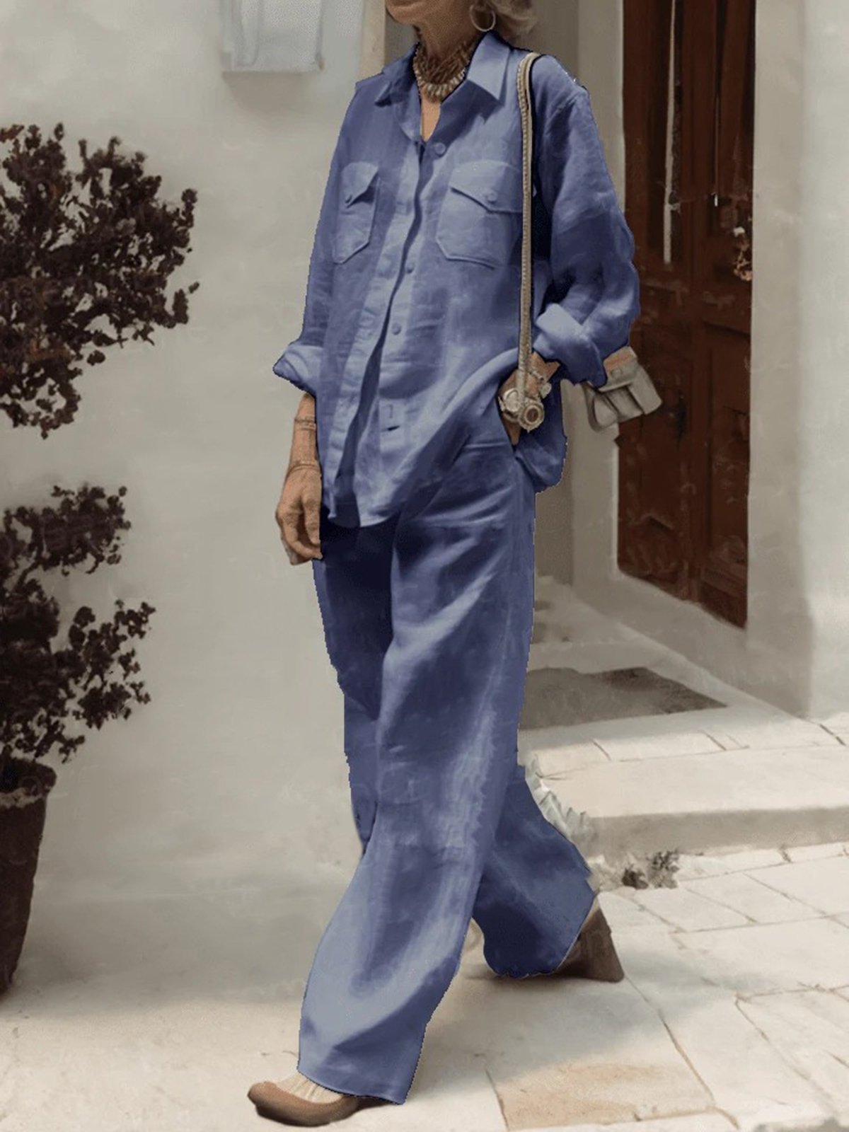 Casual Plain Shirt Collar Two-Piece Set
