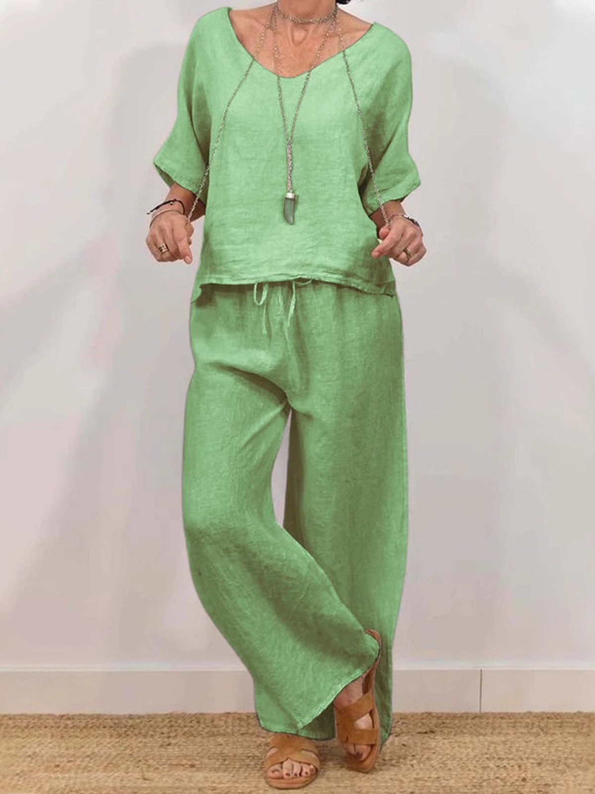 Casual Plain V Neck Two-Piece Set