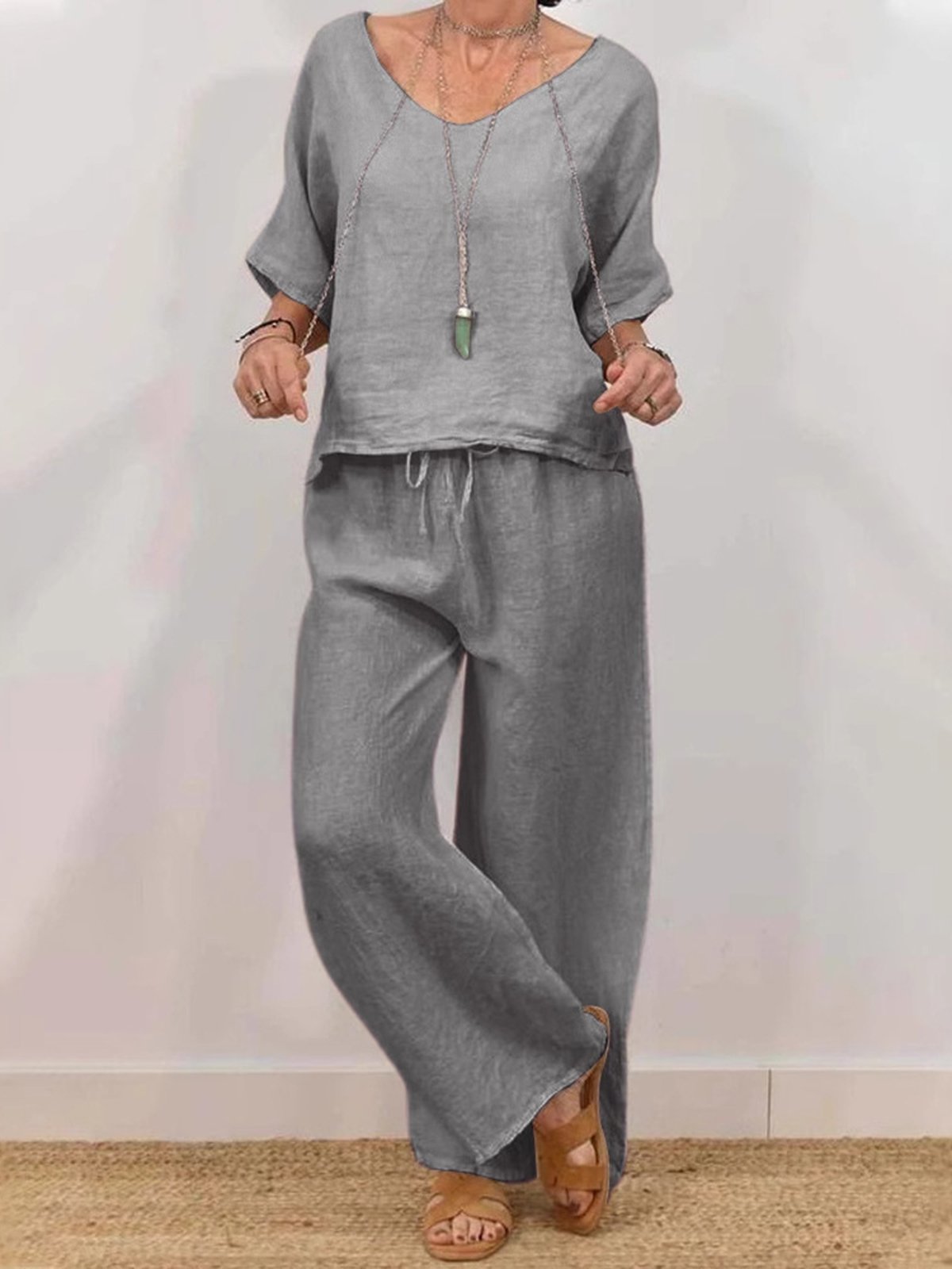 Casual Plain V Neck Two-Piece Set