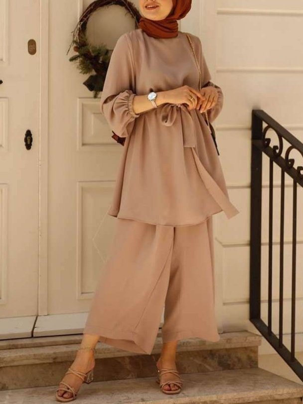 Women's Split Joint Plain Daily Going Out Two-Piece Set Khaki Casual Spring/Fall Top With Pants Matching Set
