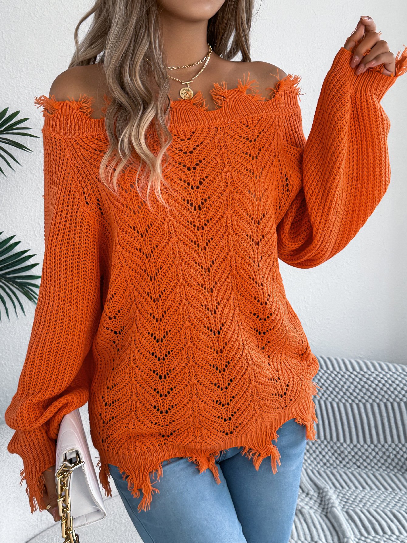 One Shoulder Plain Casual Sweater